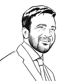 Blank and white illustration of Mayor Zohran K. Mamdani